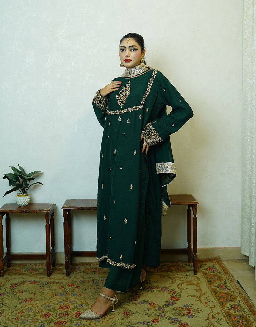 Siri - Handcrafted Dyed Raw Silk Suit | Dabka Embroidered 3-Piece | Festive & Formal Wear