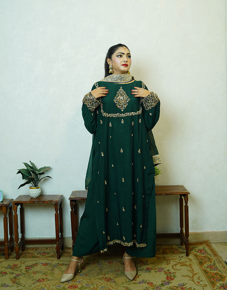 Siri - Handcrafted Dyed Raw Silk Suit | Dabka Embroidered 3-Piece | Festive & Formal Wear