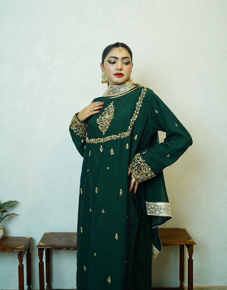 Siri - Handcrafted Dyed Raw Silk Suit | Dabka Embroidered 3-Piece | Festive & Formal Wear