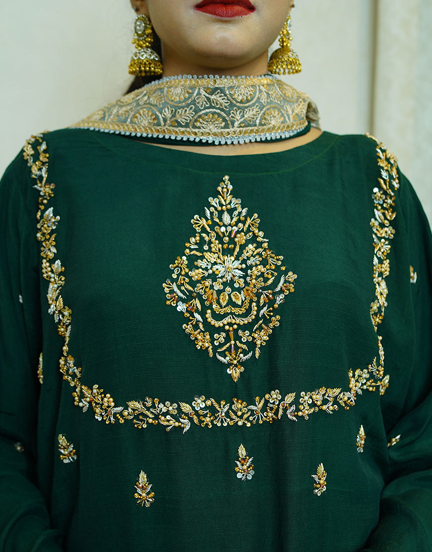Siri - Handcrafted Dyed Raw Silk Suit | Dabka Embroidered 3-Piece | Festive & Formal Wear
