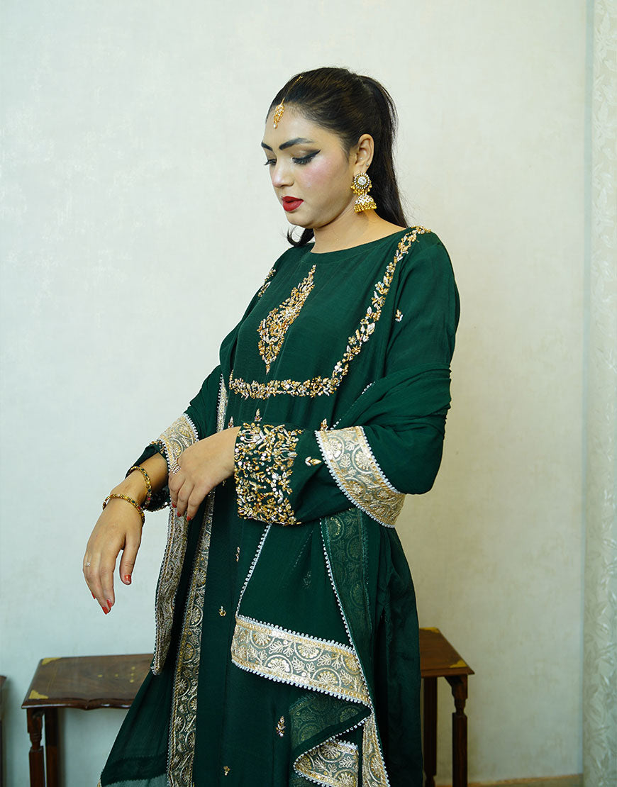 Siri - Handcrafted Dyed Raw Silk Suit | Dabka Embroidered 3-Piece | Festive & Formal Wear