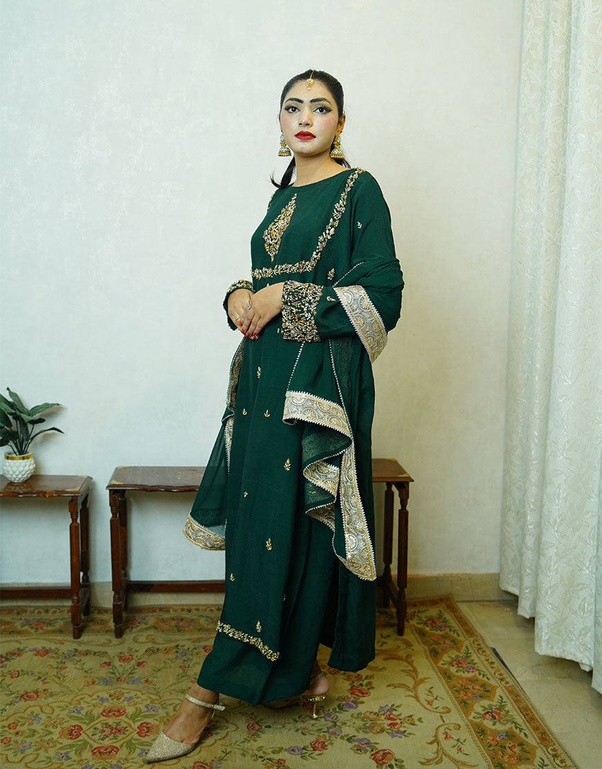 Siri - Handcrafted Dyed Raw Silk Suit | Dabka Embroidered 3-Piece | Festive & Formal Wear