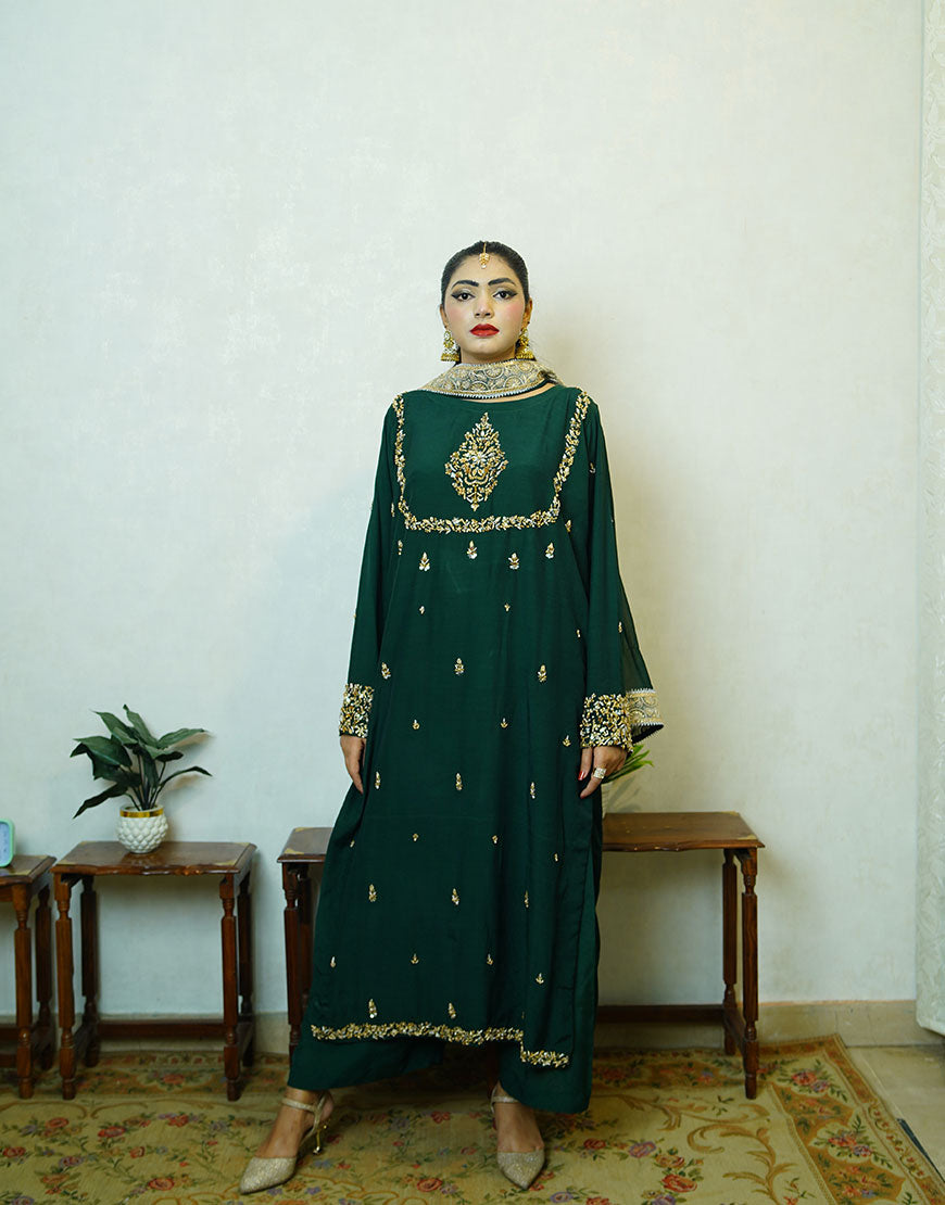 Siri - Handcrafted Dyed Raw Silk Suit | Dabka Embroidered 3-Piece | Festive & Formal Wear