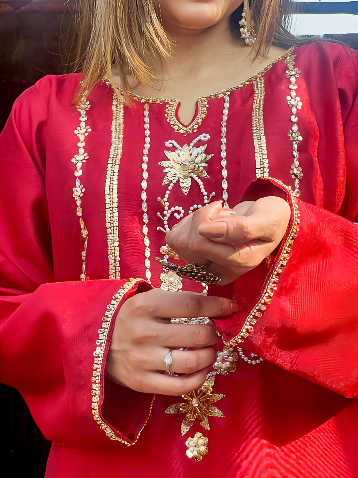 Elegant 2-Piece Dress | Sequin Embroidered Neckline & Sleeves | Party & Festive Wear