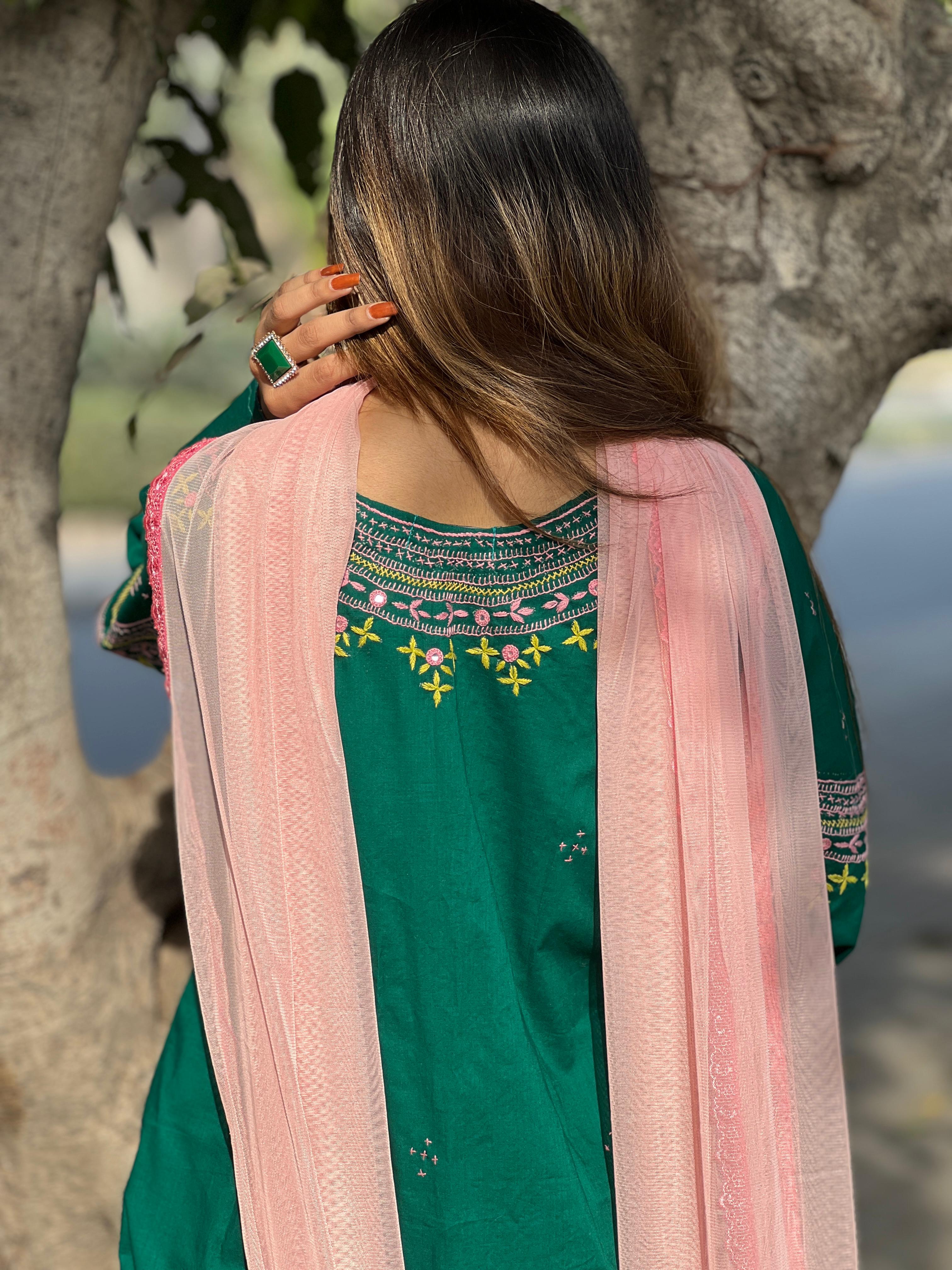 Stitched - Hand-Embroidered Bottle Green Outfit | Cotton Lawn | Eid & Summer Collection