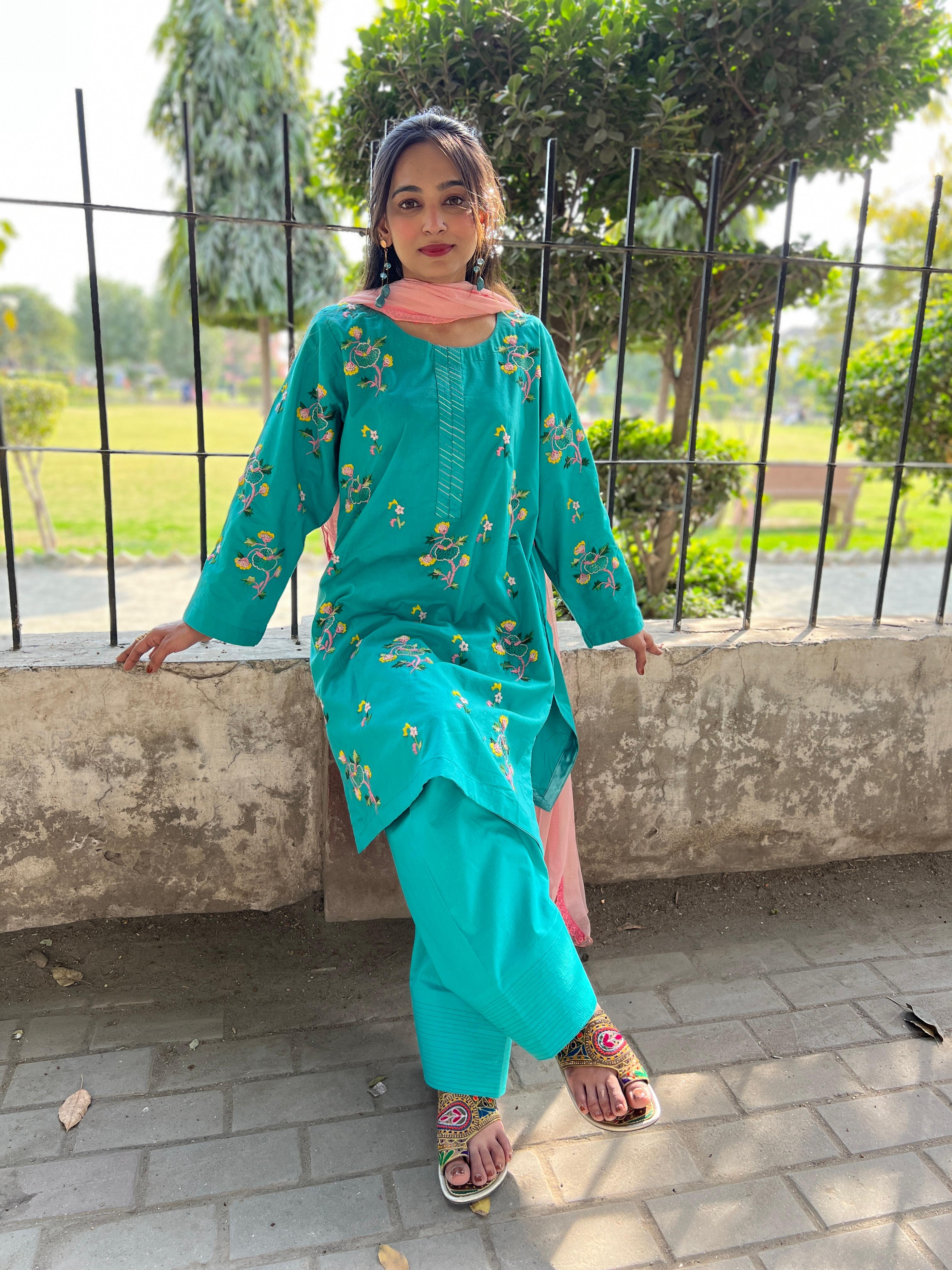 Stitched - Hand Embroidered - Ferozi 2-Piece (Cotton Lawn | Farshi Shalwar) - Eid Collection
