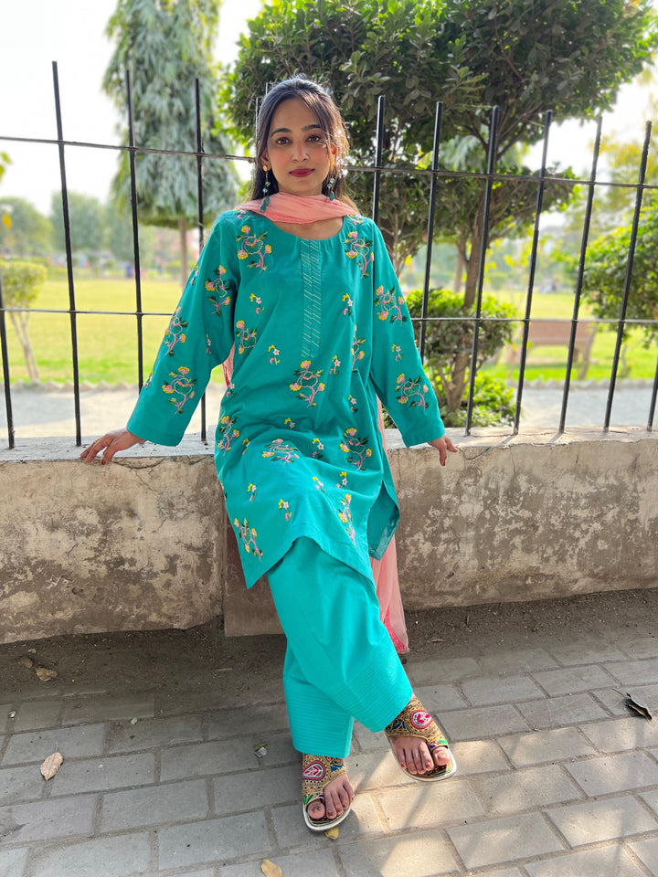 Stitched - Hand Embroidered - Ferozi 2-Piece (Cotton Lawn | Farshi Shalwar) - Eid Collection