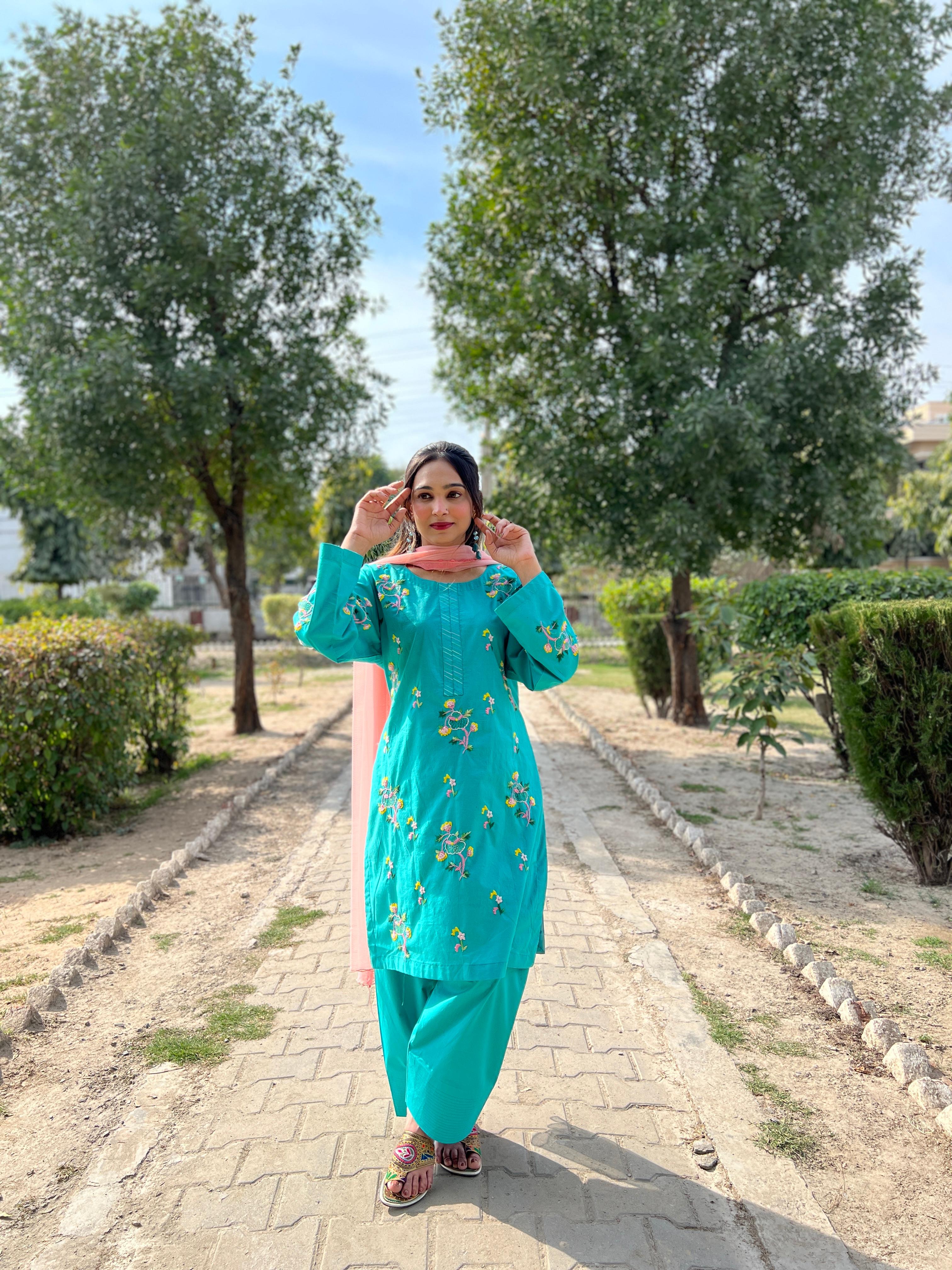 Stitched - Hand Embroidered - Ferozi 2-Piece (Cotton Lawn | Farshi Shalwar) - Eid Collection