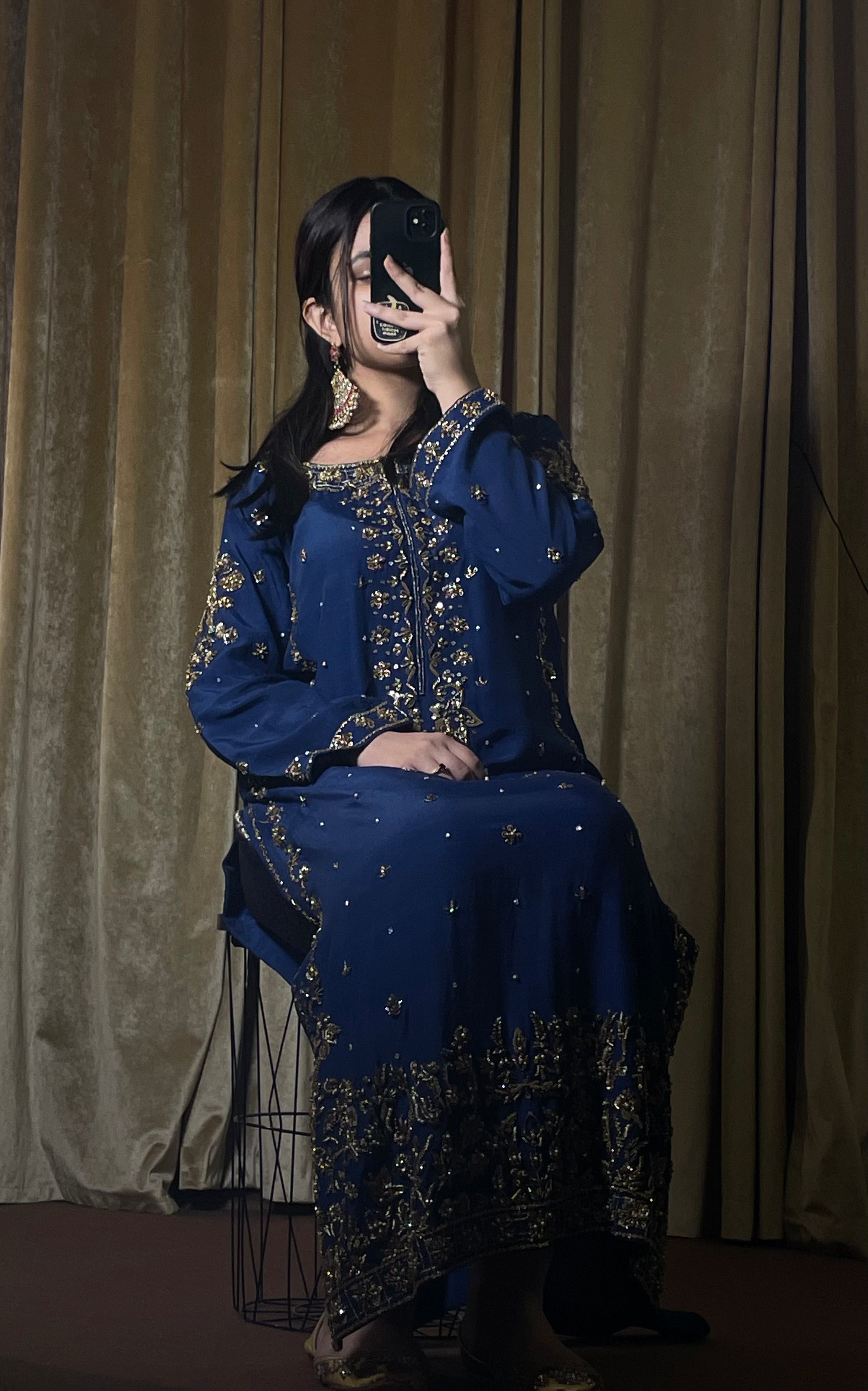 MIRA – Navy Blue Pure Raw Silk Outfit | Handcrafted Gold Dabka Work | Jamawar Pajama & Dupatta