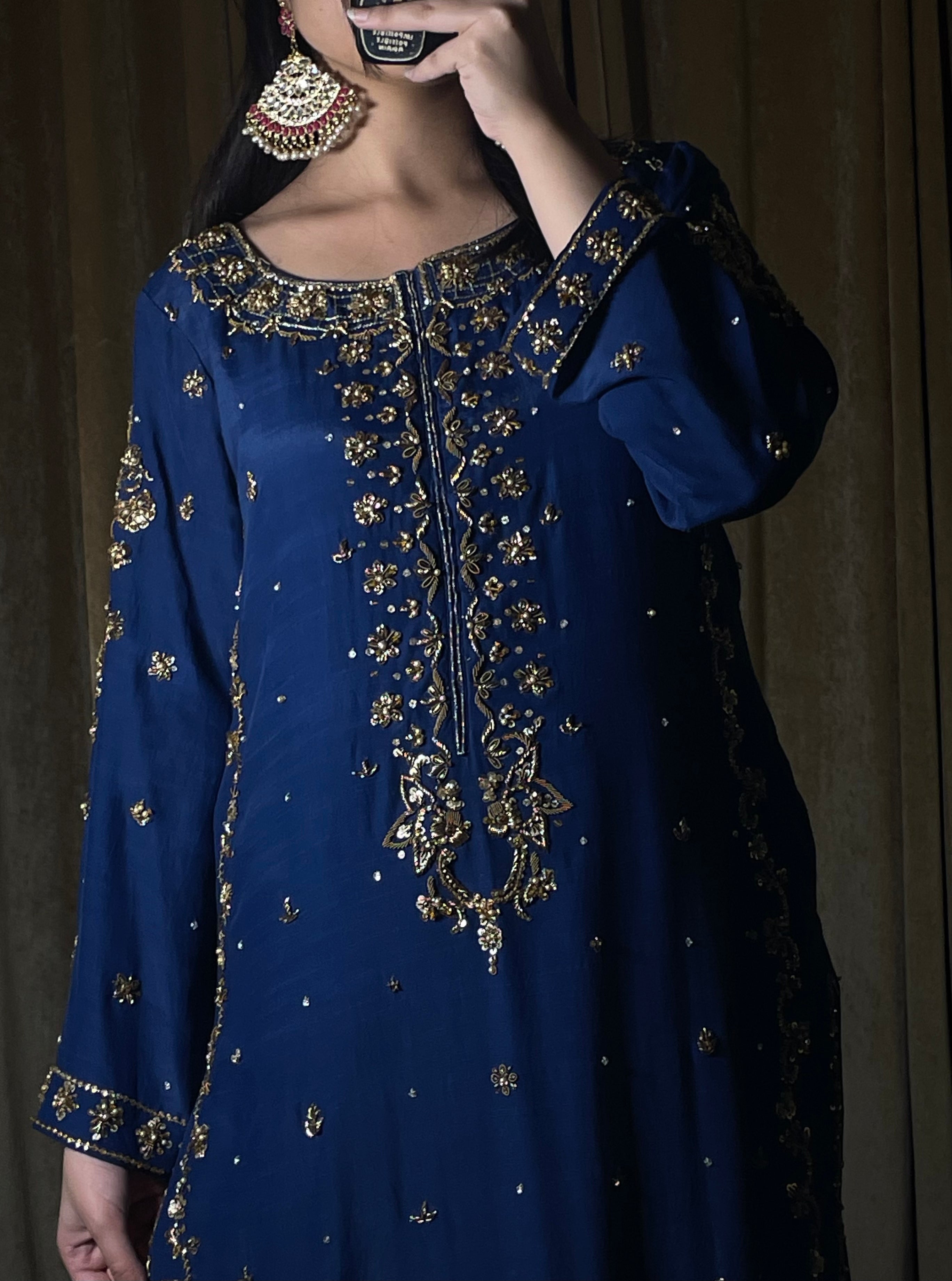 MIRA – Navy Blue Pure Raw Silk Outfit | Handcrafted Gold Dabka Work | Jamawar Pajama & Dupatta