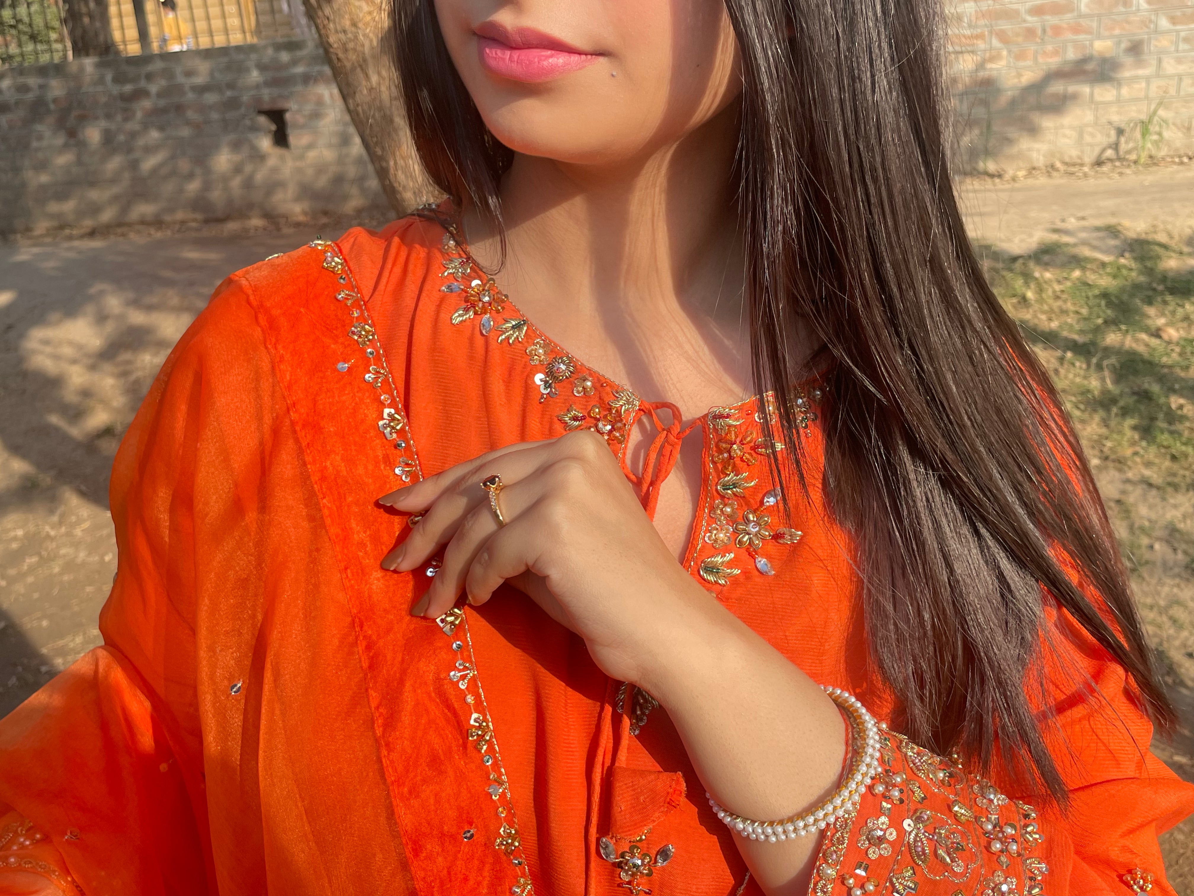 Hand-Embroidered Orange 3-Piece Raw Silk Outfit – Dabka Work |Party &  Wedding Wear