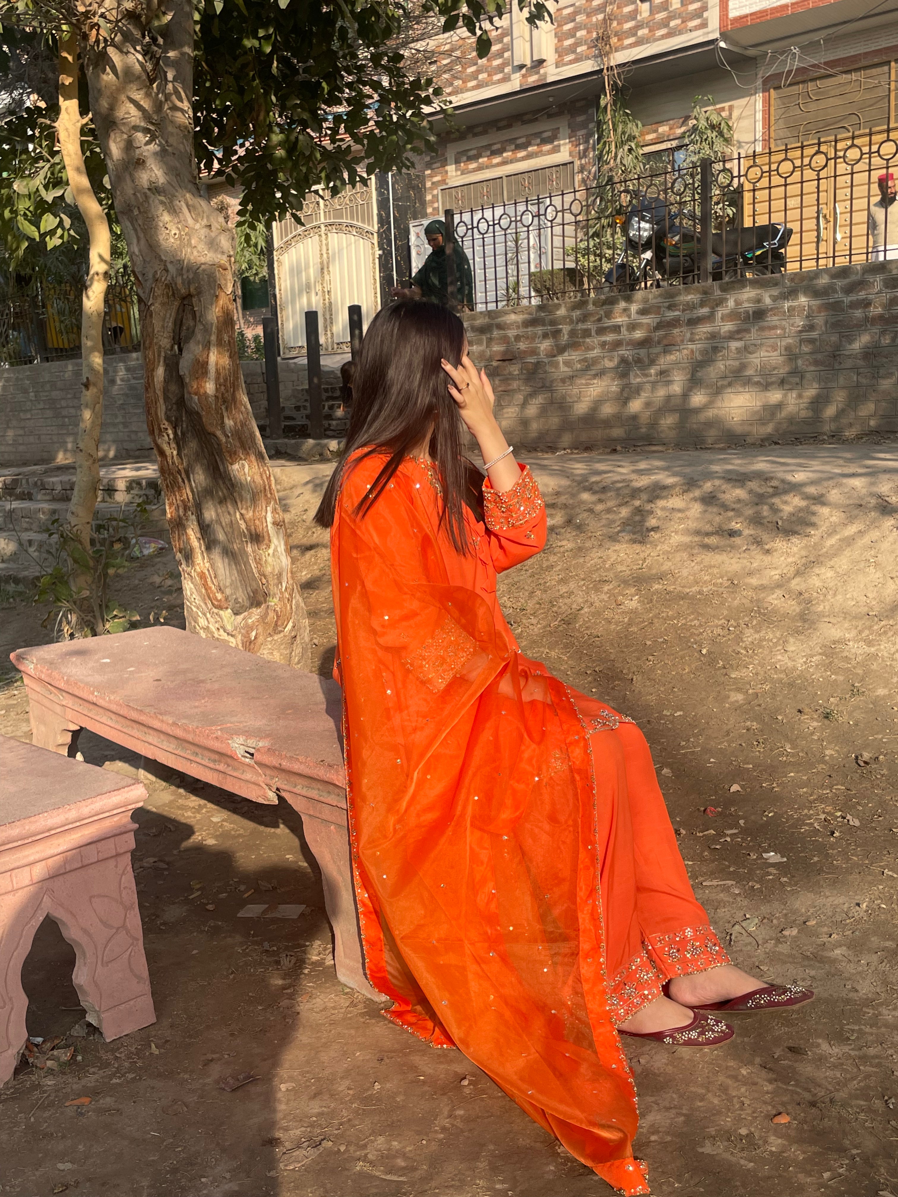 Hand-Embroidered Orange 3-Piece Raw Silk Outfit – Dabka Work |Party &  Wedding Wear