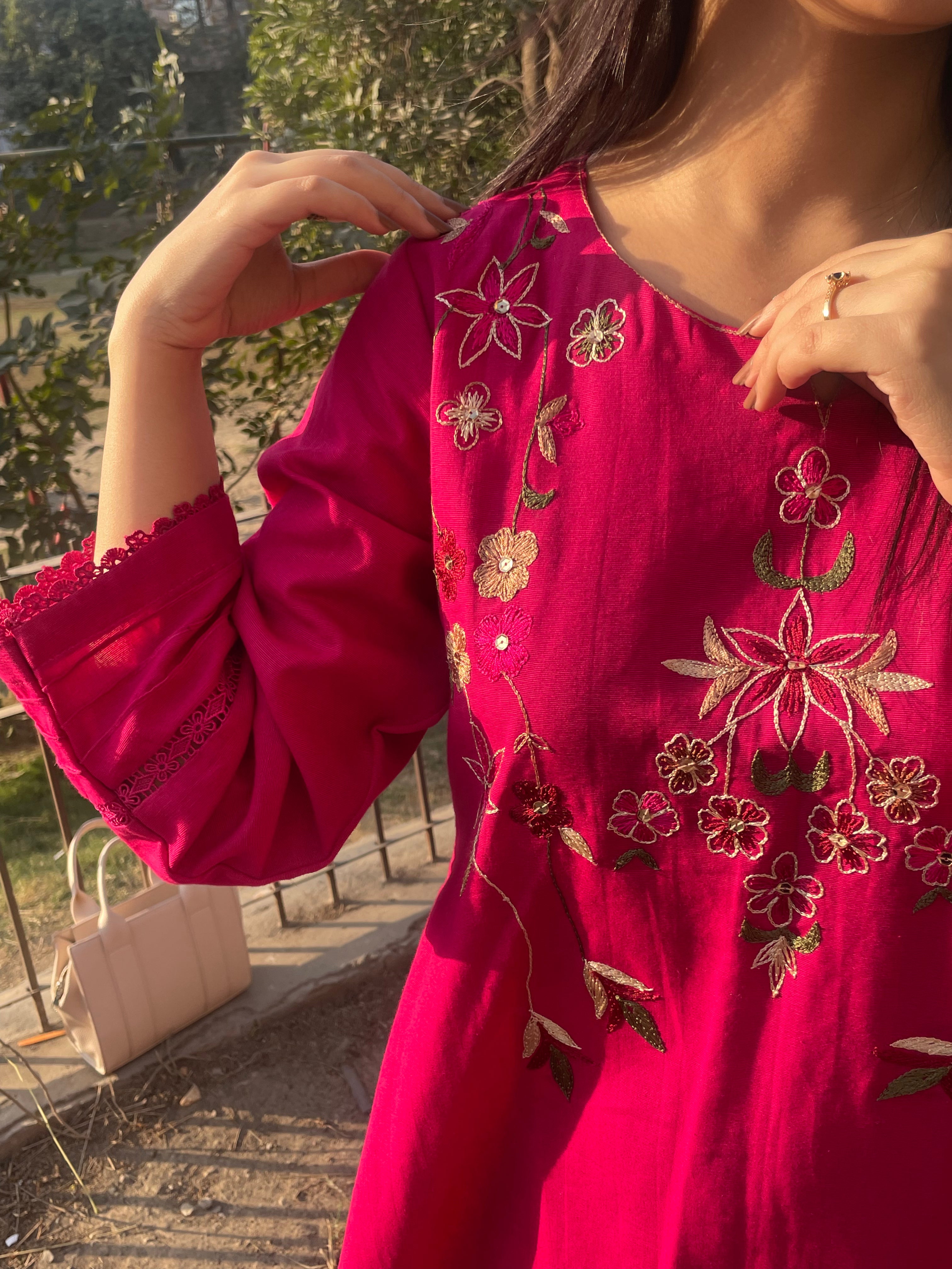 Shocking Pink Hand-Embroidered Khadar 2-Piece – Elegant Winter Wear | Festive Collection