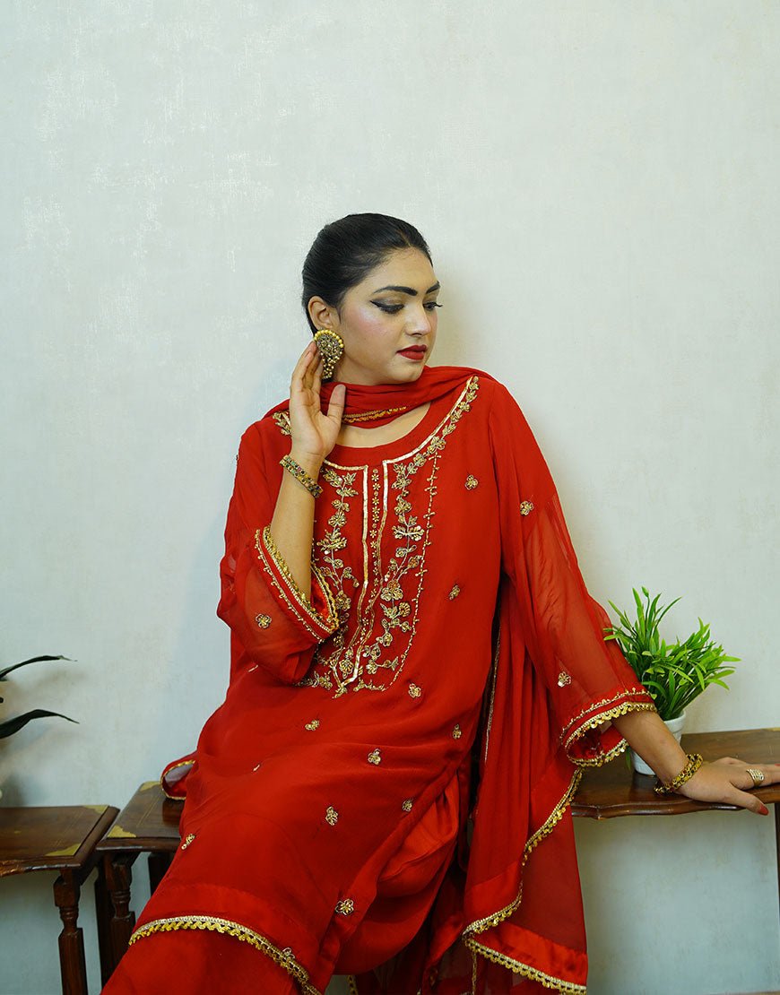 Arza – Red Hand-Embroidered Suit | Pure Dyed Fabric | Gota, Tila & Gold Dabka Work