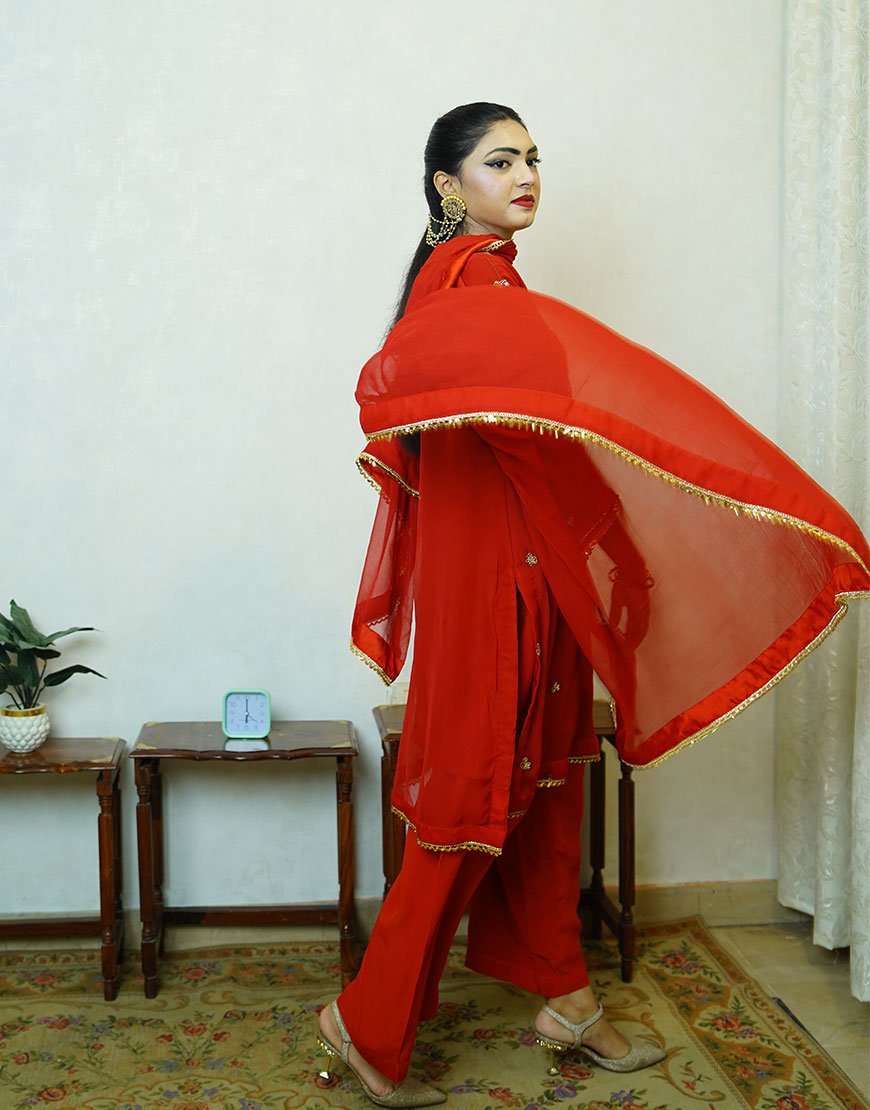 Arza – Red Hand-Embroidered Suit | Pure Dyed Fabric | Gota, Tila & Gold Dabka Work