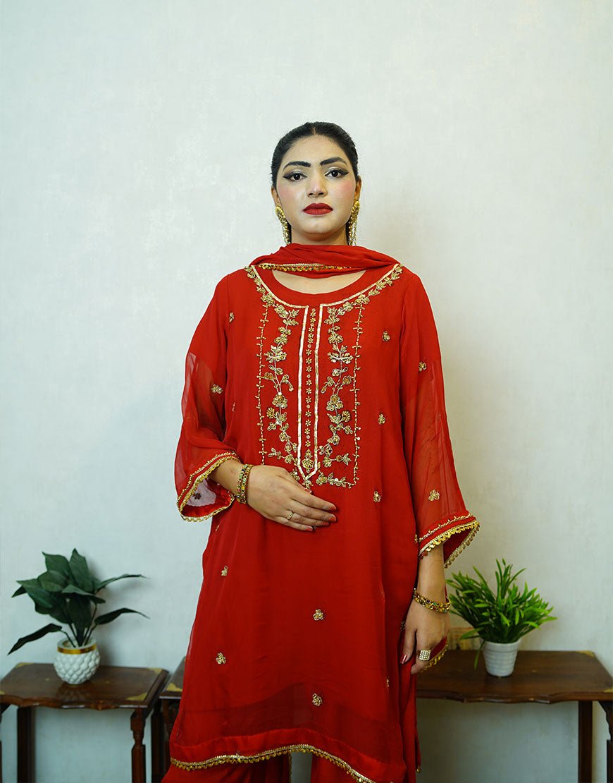 Arza – Red Hand-Embroidered Suit | Pure Dyed Fabric | Gota, Tila & Gold Dabka Work
