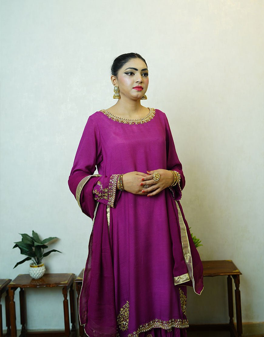 Ayla – Handcrafted Dyed Raw Silk Suit with Gold & Silver Dabka Work | Luxury Couture