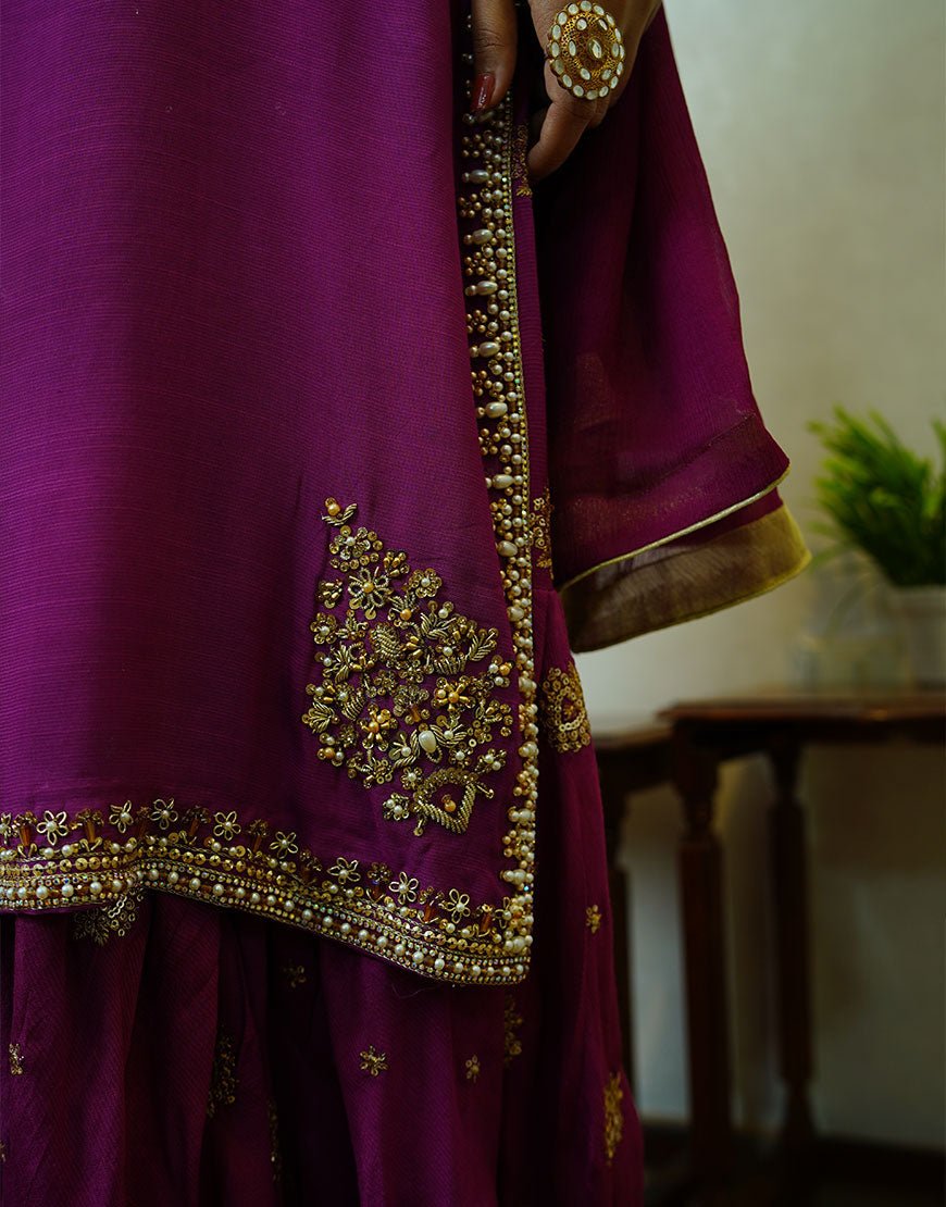 Ayla – Handcrafted Dyed Raw Silk Suit with Gold & Silver Dabka Work | Luxury Couture
