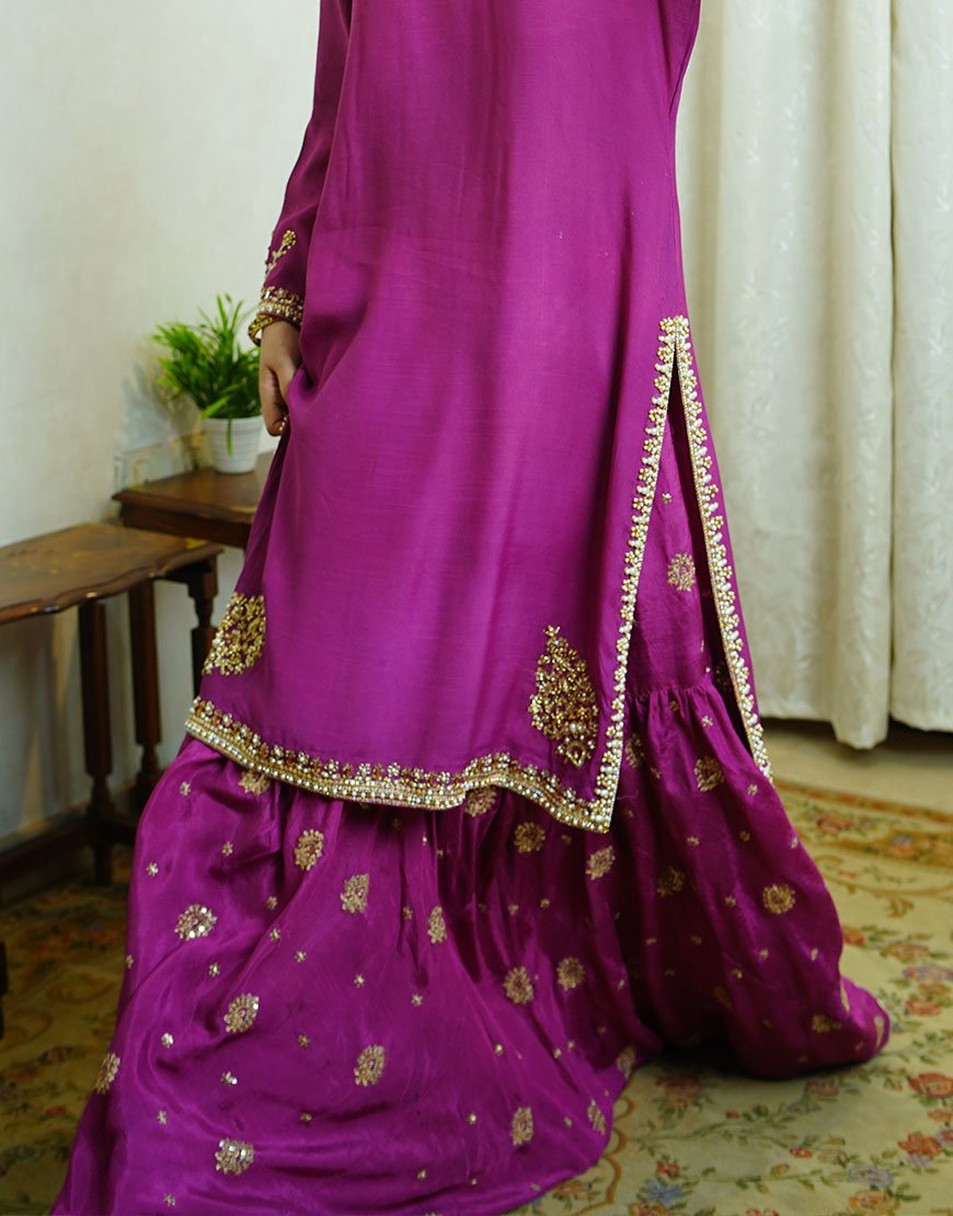 Ayla – Handcrafted Dyed Raw Silk Suit with Gold & Silver Dabka Work | Luxury Couture