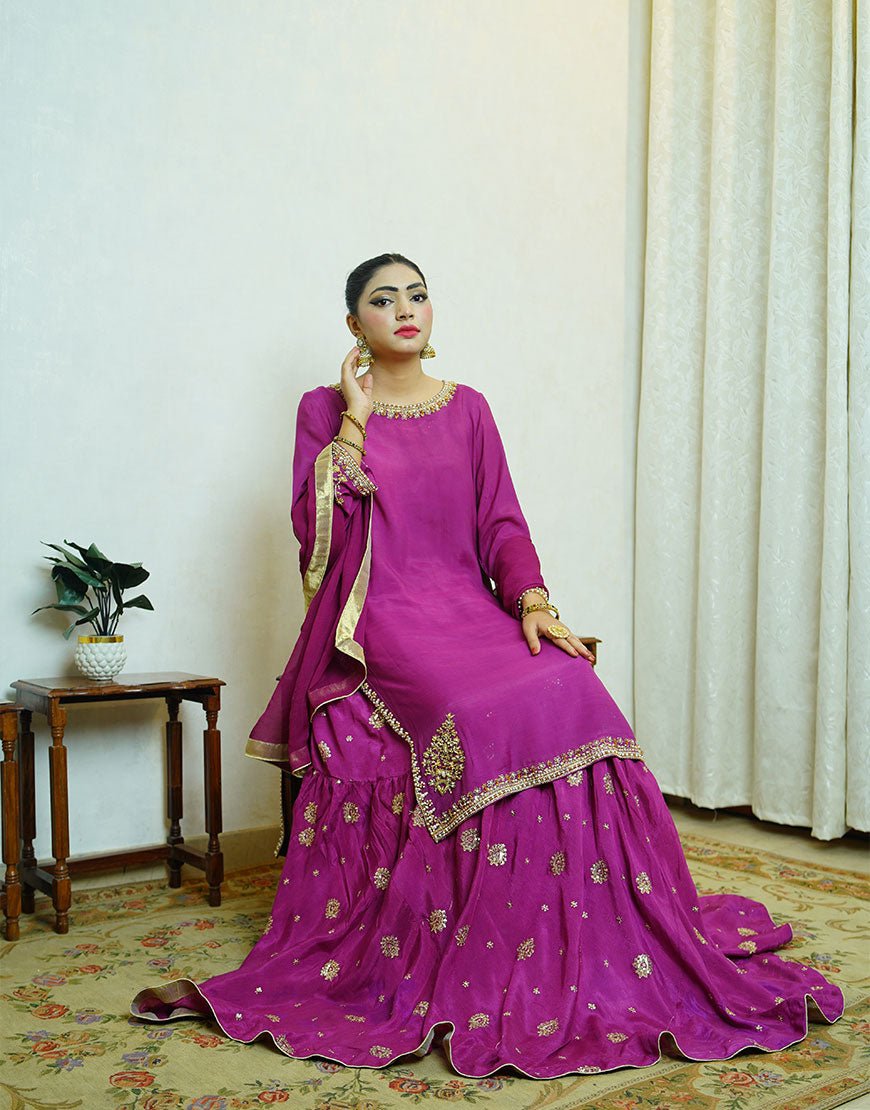 Ayla – Handcrafted Dyed Raw Silk Suit with Gold & Silver Dabka Work | Luxury Couture