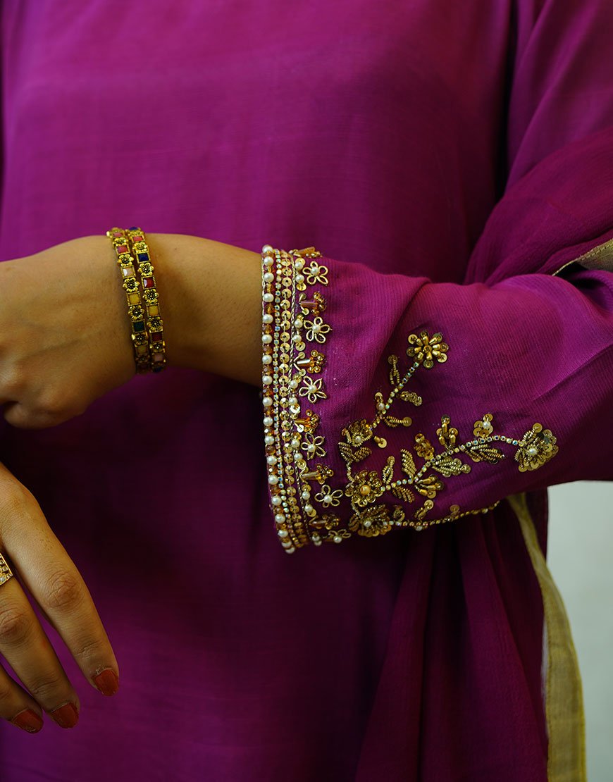 Ayla – Handcrafted Dyed Raw Silk Suit with Gold & Silver Dabka Work | Luxury Couture