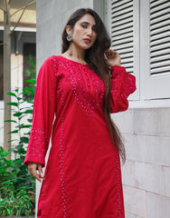 Crimson Radiance – Hand Embroidered 2-Piece Cotton Ensemble