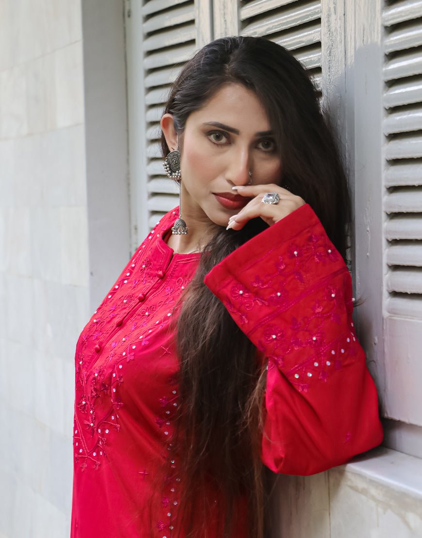 Crimson Radiance – Hand Embroidered 2-Piece Cotton Ensemble