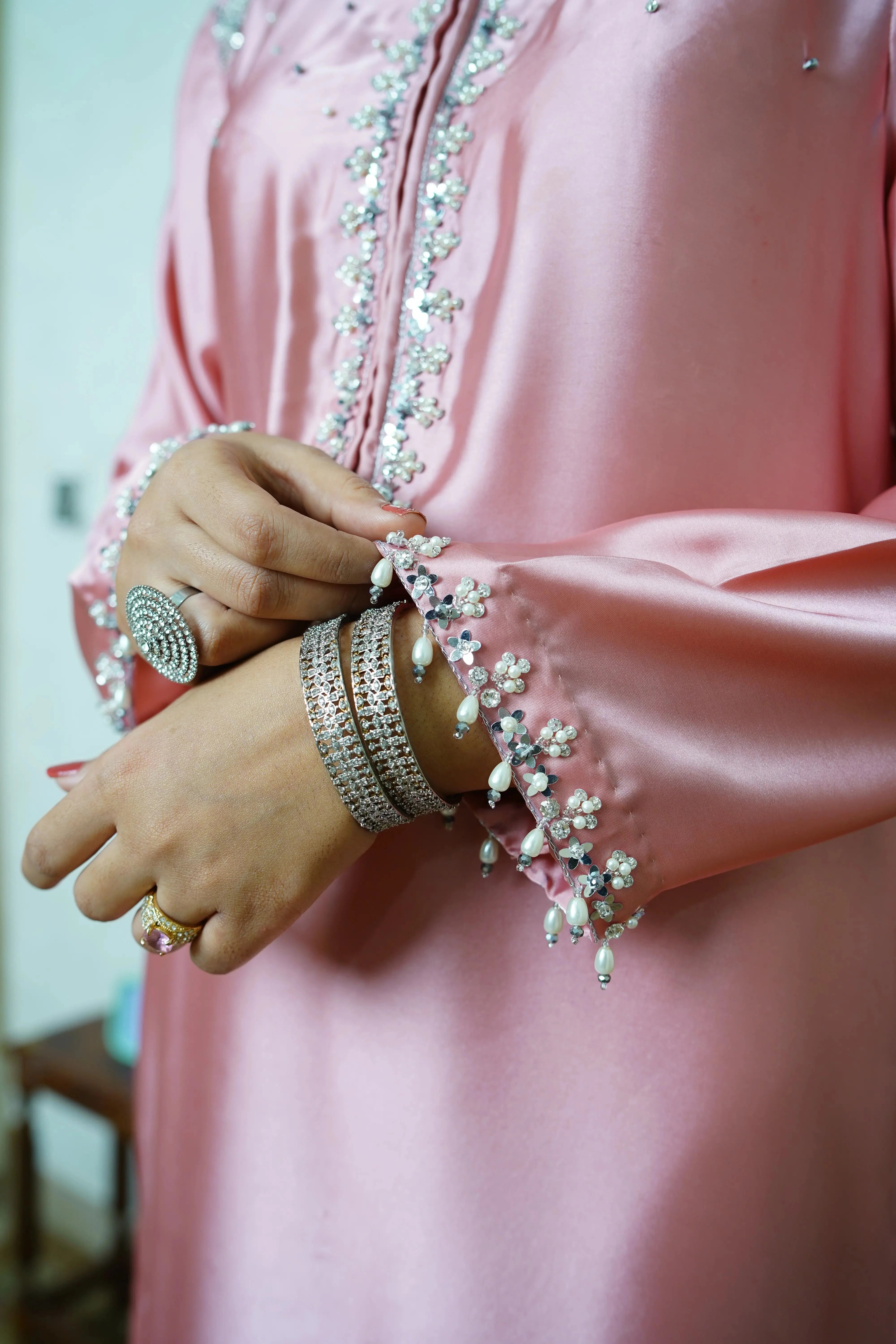 Soft Blush Pink Shamooz Silk Embroidered Suit – Handcrafted Dabka & Crystal Work | Luxury Eid & Formal Wear