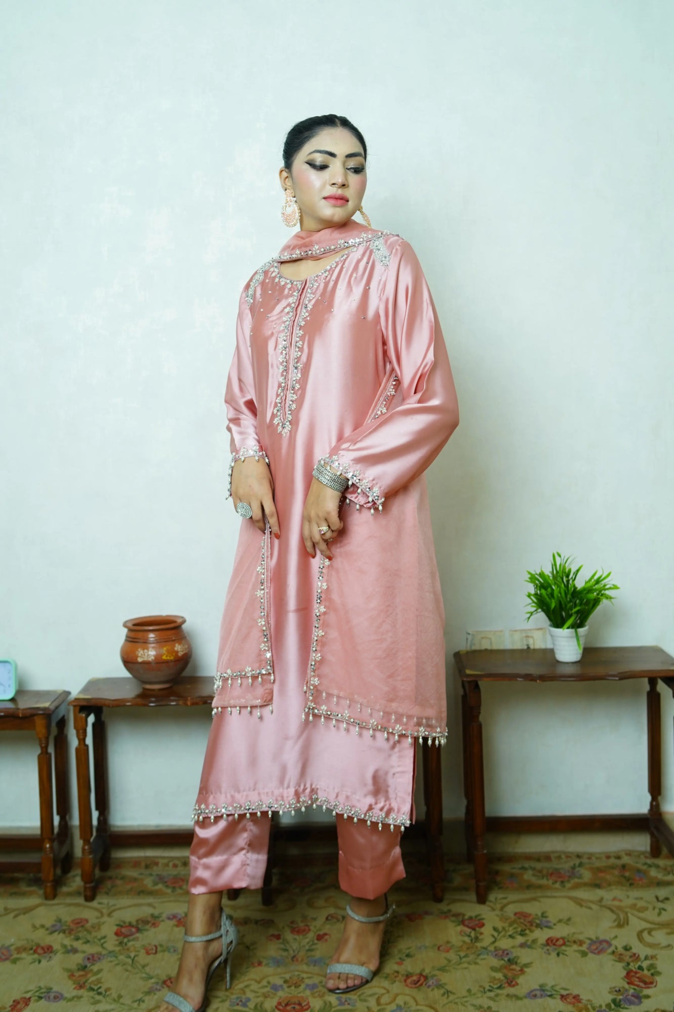 Soft Blush Pink Shamooz Silk Embroidered Suit – Handcrafted Dabka & Crystal Work | Luxury Eid & Formal Wear