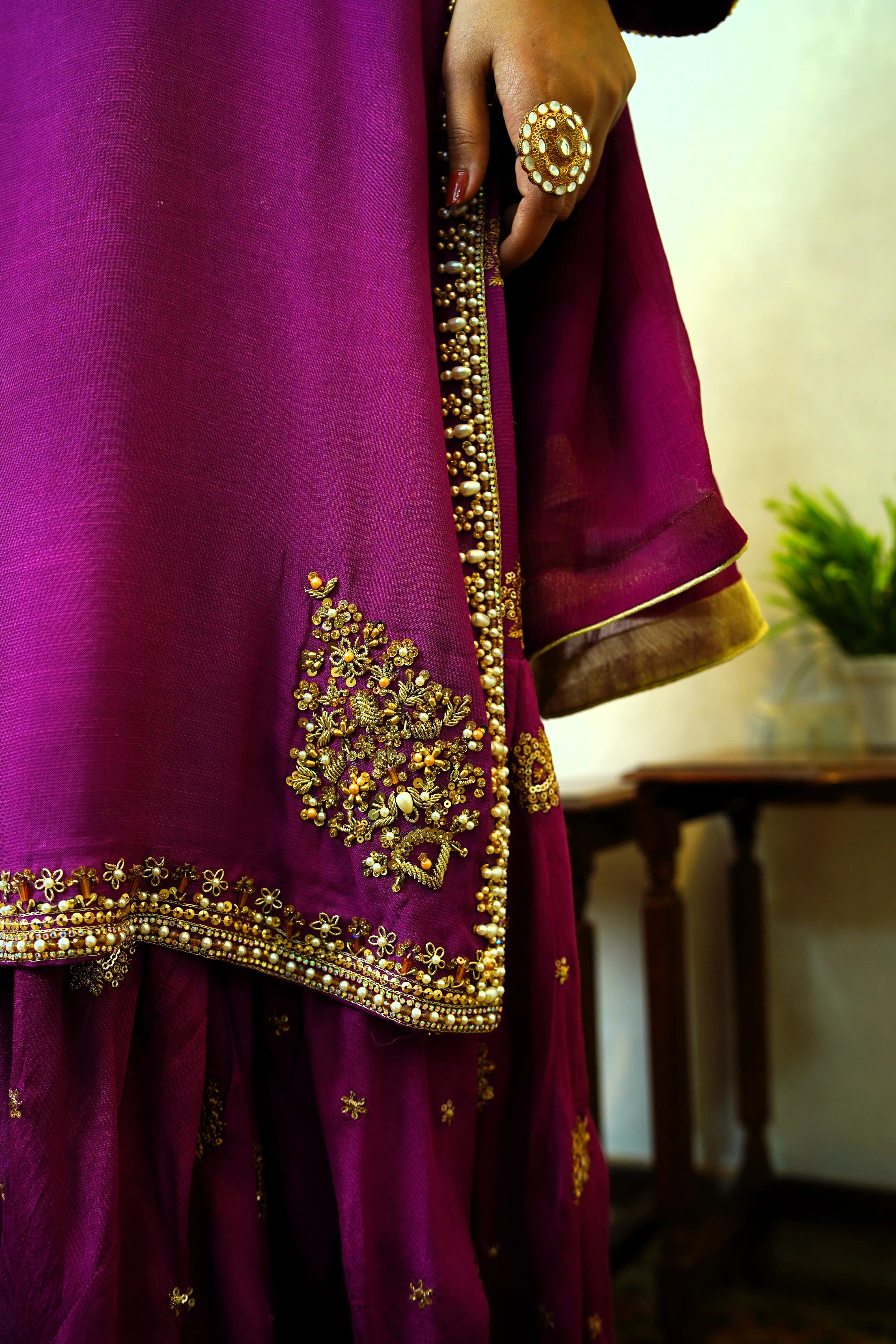 Ayla – Handcrafted Dyed Raw Silk Suit with Gold & Silver Dabka Work | Luxury Couture