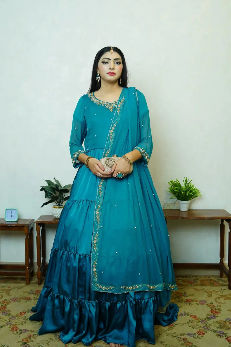Riwa – Hand-Embroidered Pure Silk Maxi in Zinc | Dabka & Kingri Work | Luxury Formal Wear