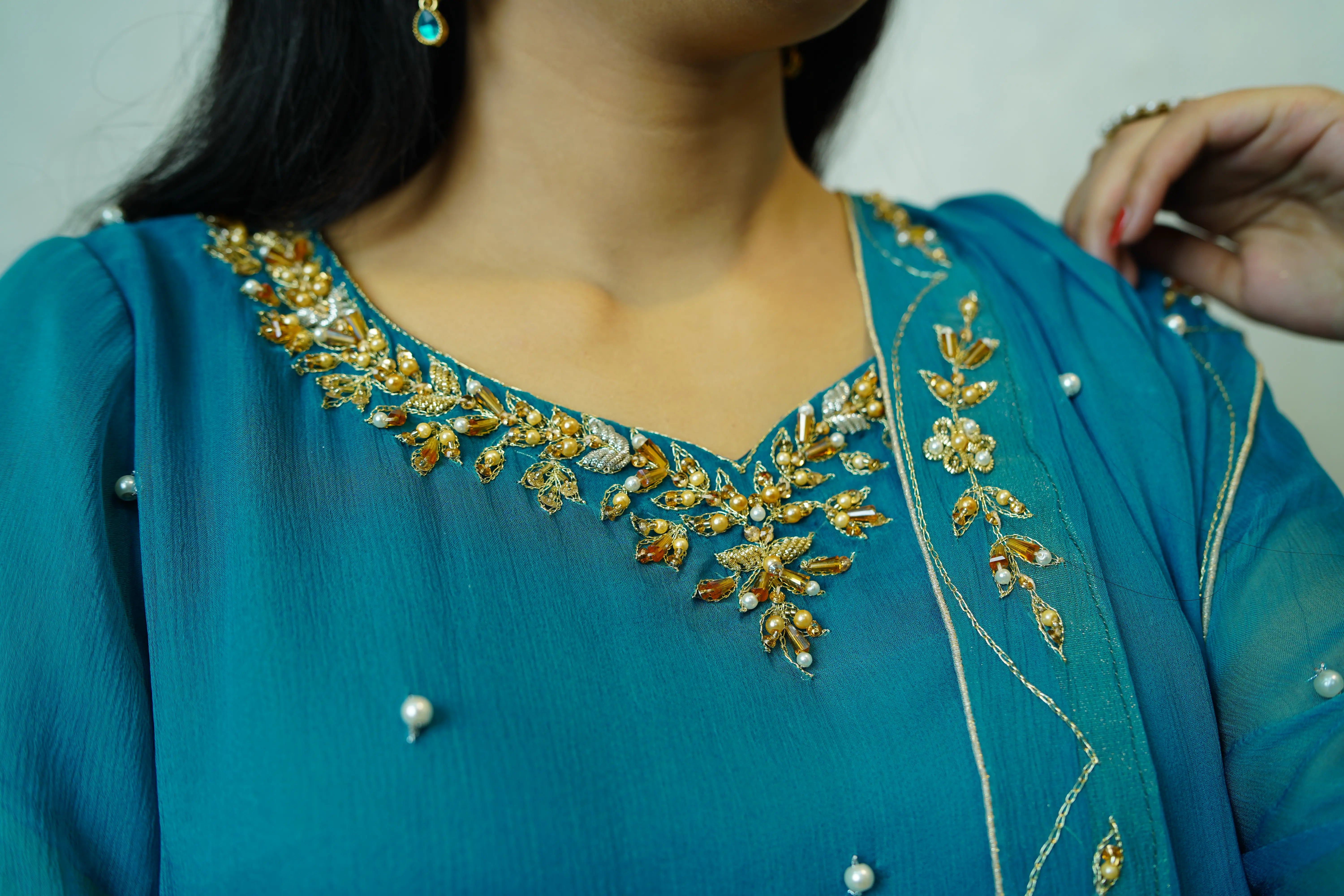 Riwa – Hand-Embroidered Pure Silk Maxi in Zinc | Dabka & Kingri Work | Luxury Formal Wear