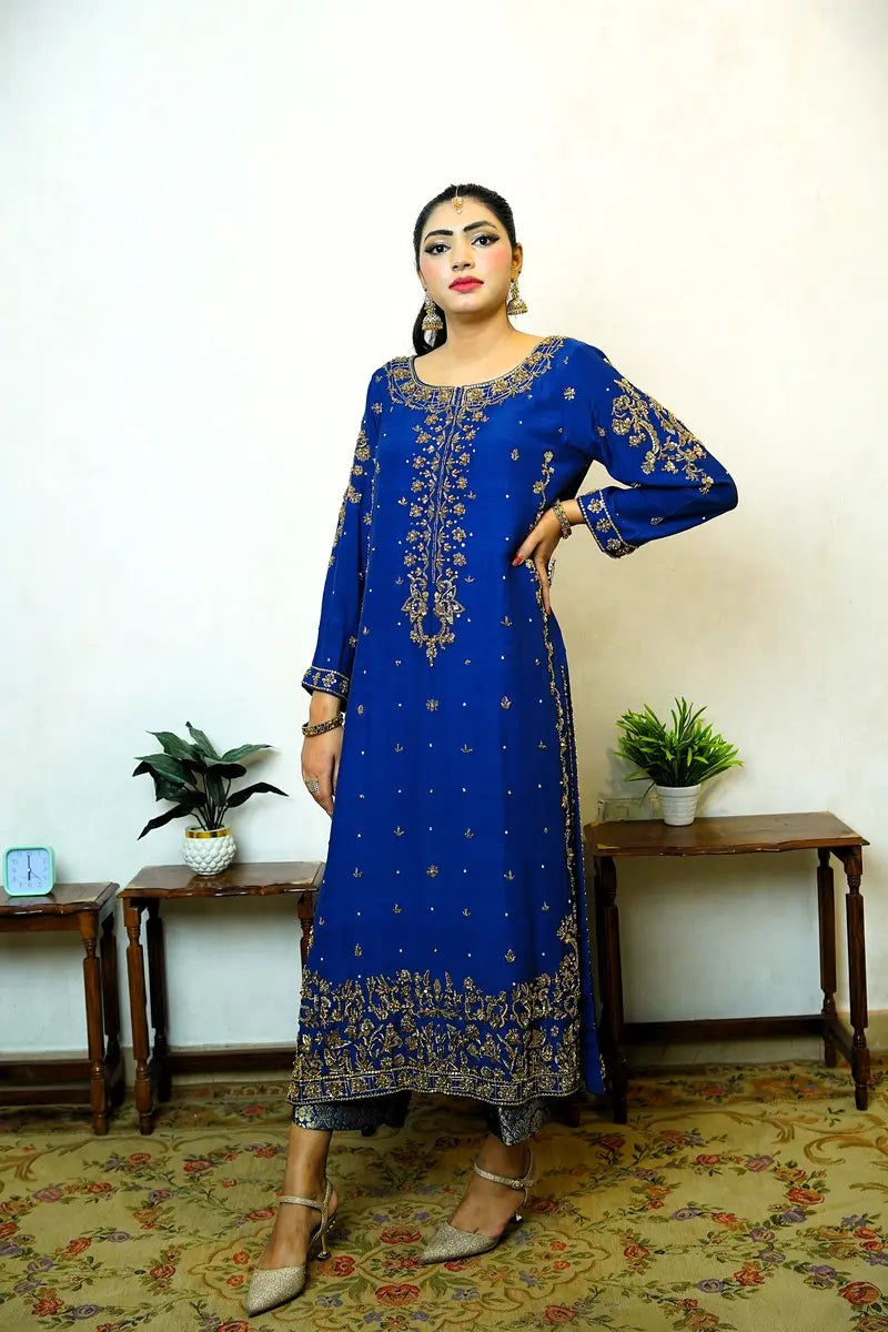 MIRA – Navy Blue Pure Raw Silk Outfit | Handcrafted Gold Dabka Work | Jamawar Pajama & Dupatta