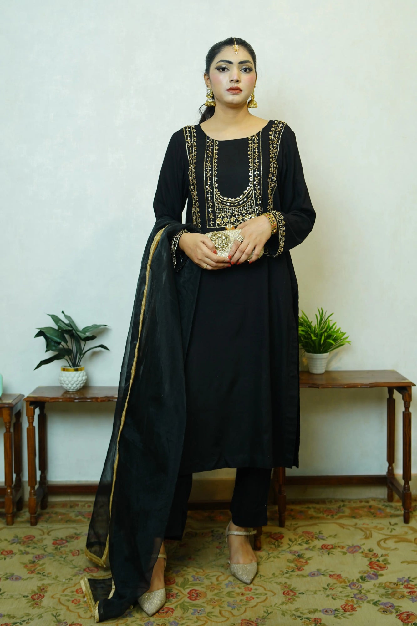 Veya – Black Opada Silk Suit with Silver Gold Dabka Embroidery & Organza Dupatta