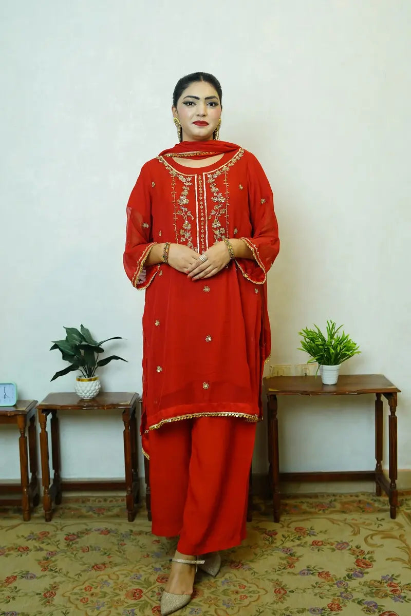 Arza – Red Hand-Embroidered Suit | Pure Dyed Fabric | Gota, Tila & Gold Dabka Work