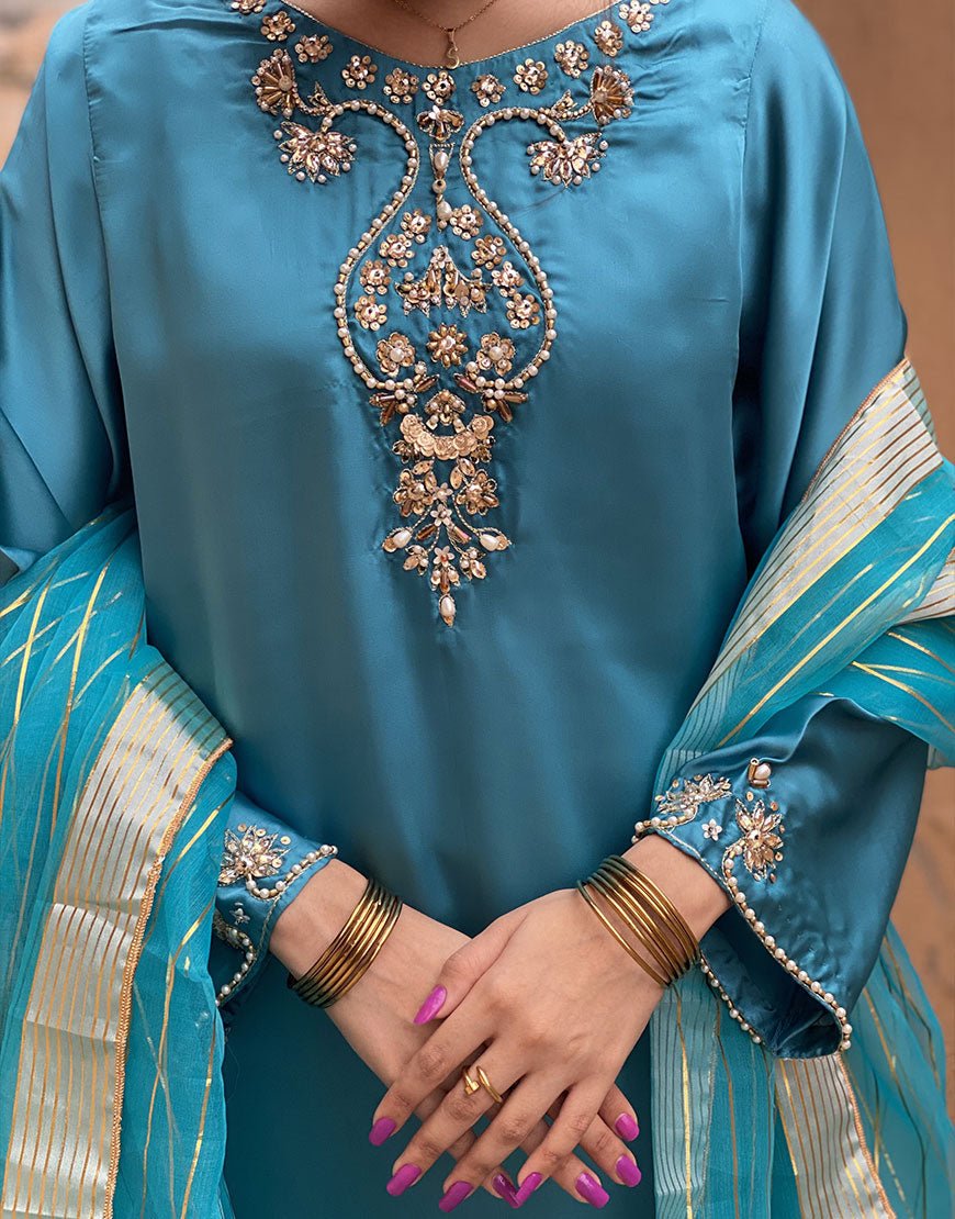 Elegant 3-Piece Sharara Suit – Shamoze Silk | Crystal & Sequin Embroidery | Eid & Wedding Collection