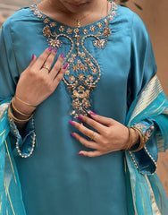 Elegant 3-Piece Sharara Suit – Shamoze Silk | Crystal & Sequin Embroidery | Eid & Wedding Collection