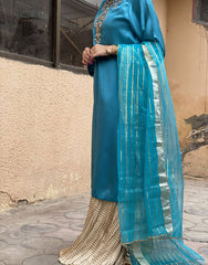 Elegant 3-Piece Sharara Suit – Shamoze Silk | Crystal & Sequin Embroidery | Eid & Wedding Collection