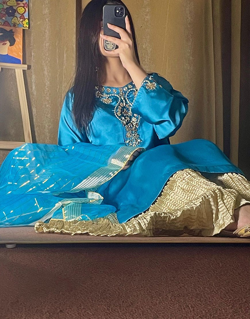 Elegant 3-Piece Sharara Suit – Shamoze Silk | Crystal & Sequin Embroidery | Eid & Wedding Collection