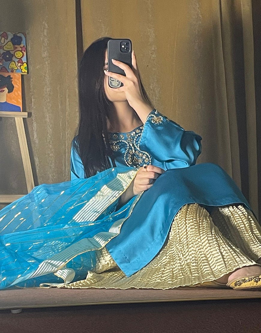 Elegant 3-Piece Sharara Suit – Shamoze Silk | Crystal & Sequin Embroidery | Eid & Wedding Collection