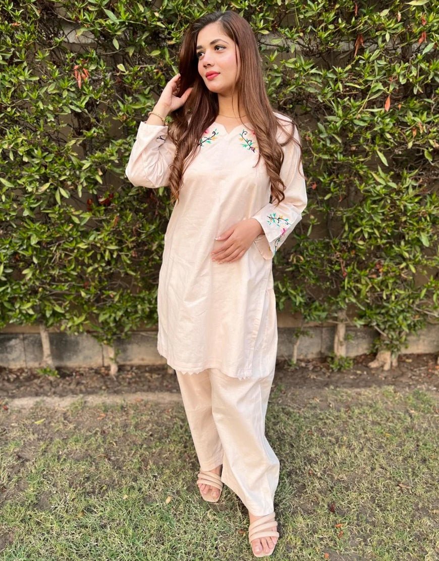 Hand-Embroidered 2-Piece Cotton Lawn Outfit – Cream (Eid Collection | Summer Wear)