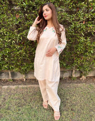 Hand-Embroidered 2-Piece Cotton Lawn Outfit – Cream (Eid Collection | Summer Wear)