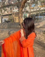 Hand-Embroidered Orange 3-Piece Raw Silk Outfit – Dabka Work |Party &  Wedding Wear