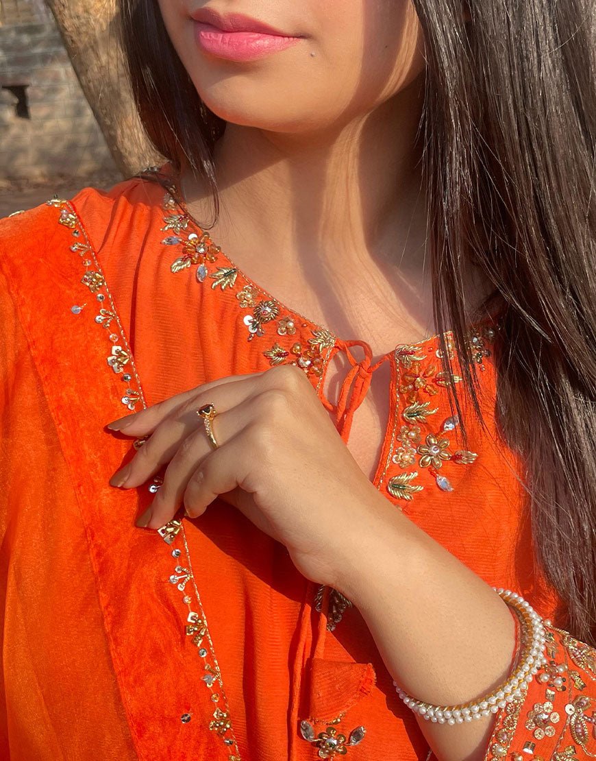 Hand-Embroidered Orange 3-Piece Raw Silk Outfit – Dabka Work |Party &  Wedding Wear