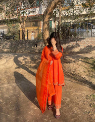 Hand-Embroidered Orange 3-Piece Raw Silk Outfit – Dabka Work |Party &  Wedding Wear