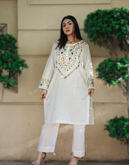 Ivory Meadow – White Cotton Set with Multicolor Embroidery