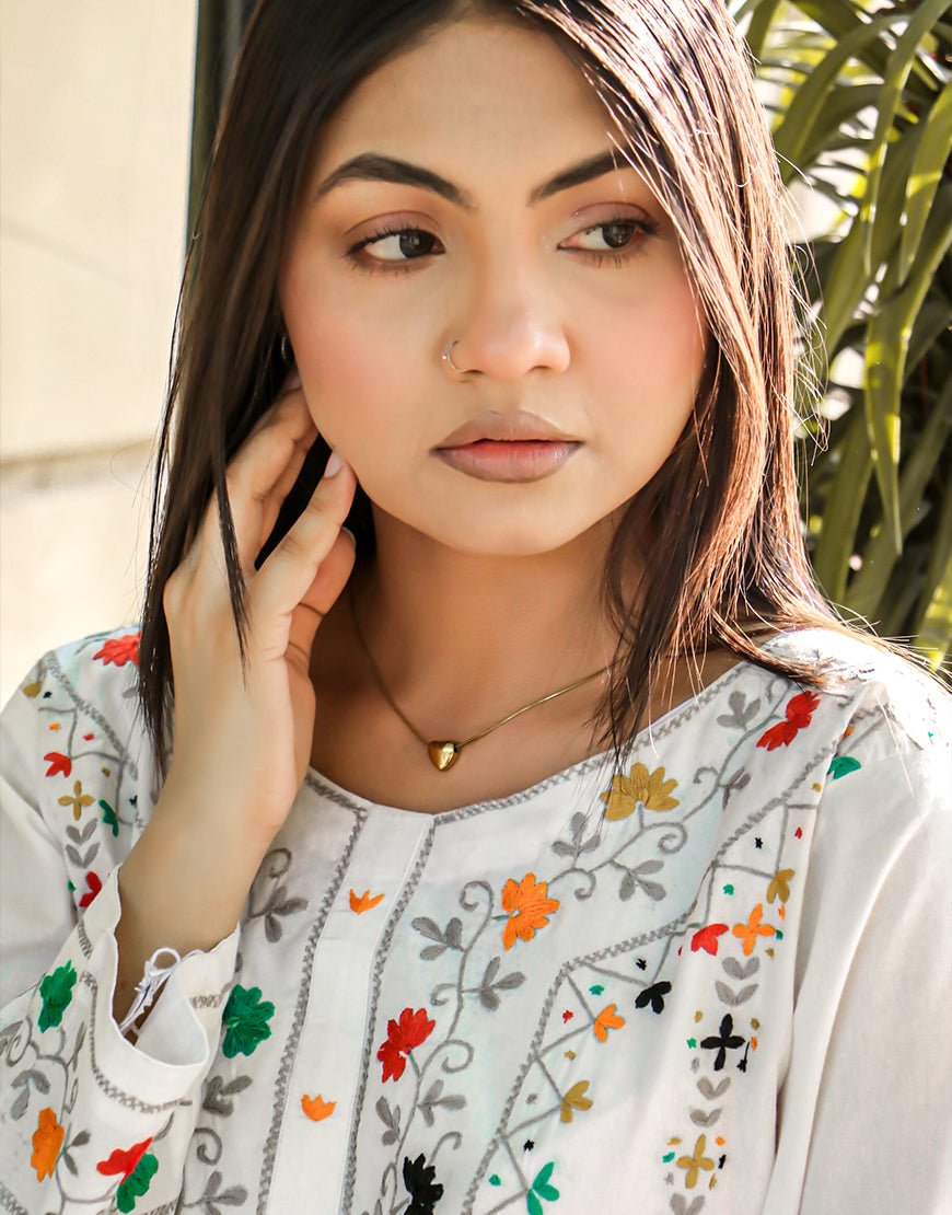 Ivory Meadow – White Cotton Set with Multicolor Embroidery