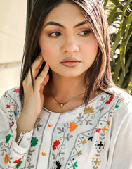 Ivory Meadow – White Cotton Set with Multicolor Embroidery