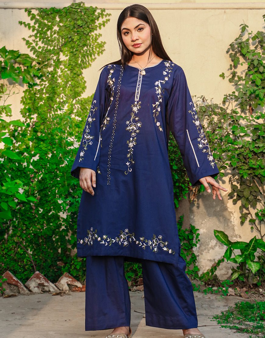 Midnight Bloom – Navy Blue Embroidered 2-Piece
