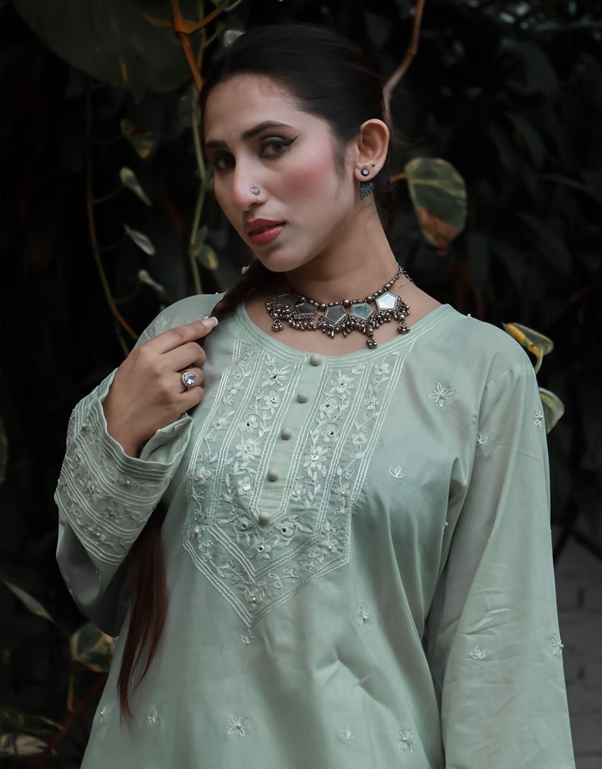 Mint Reverie – Hand Embroidered Cotton 2-Piece